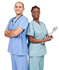 young male and female medical professionals standing back to back